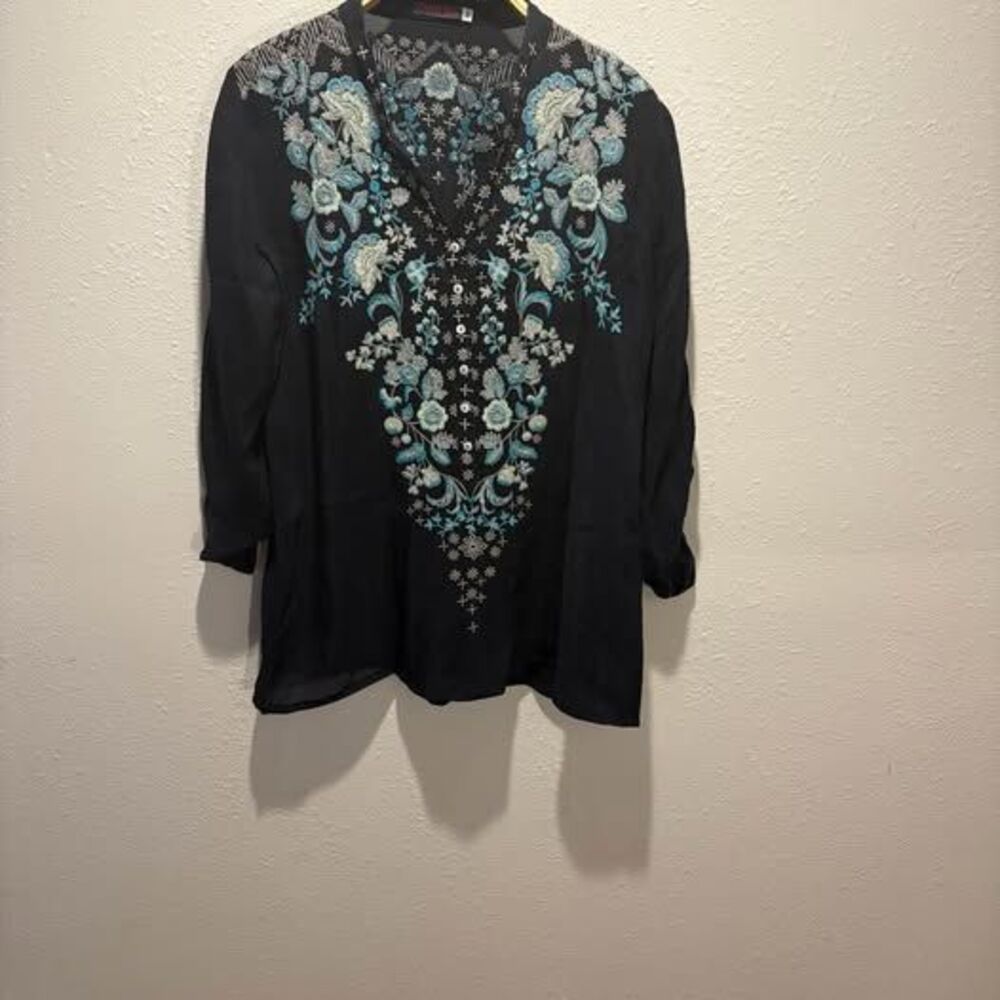 Johnny Was Black Georgette Embroidered Tunic Blouse - Turquoise Floral Size M
